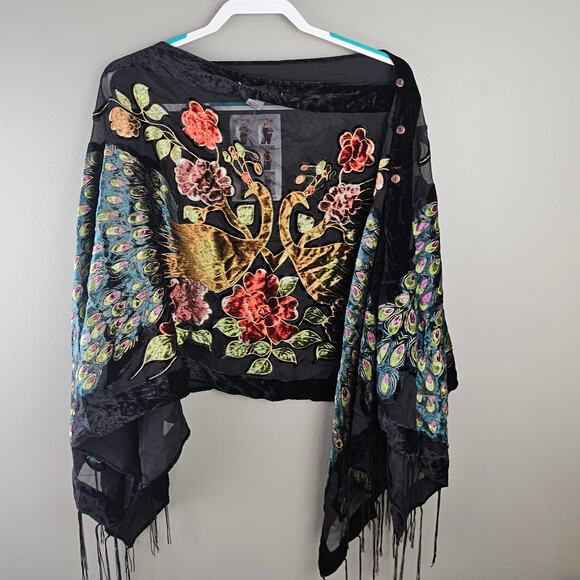 Boho Burnout Velvet Peacock Embroidered Kimono Shawl Wrap Fringe One Size - Picture 3 of 9